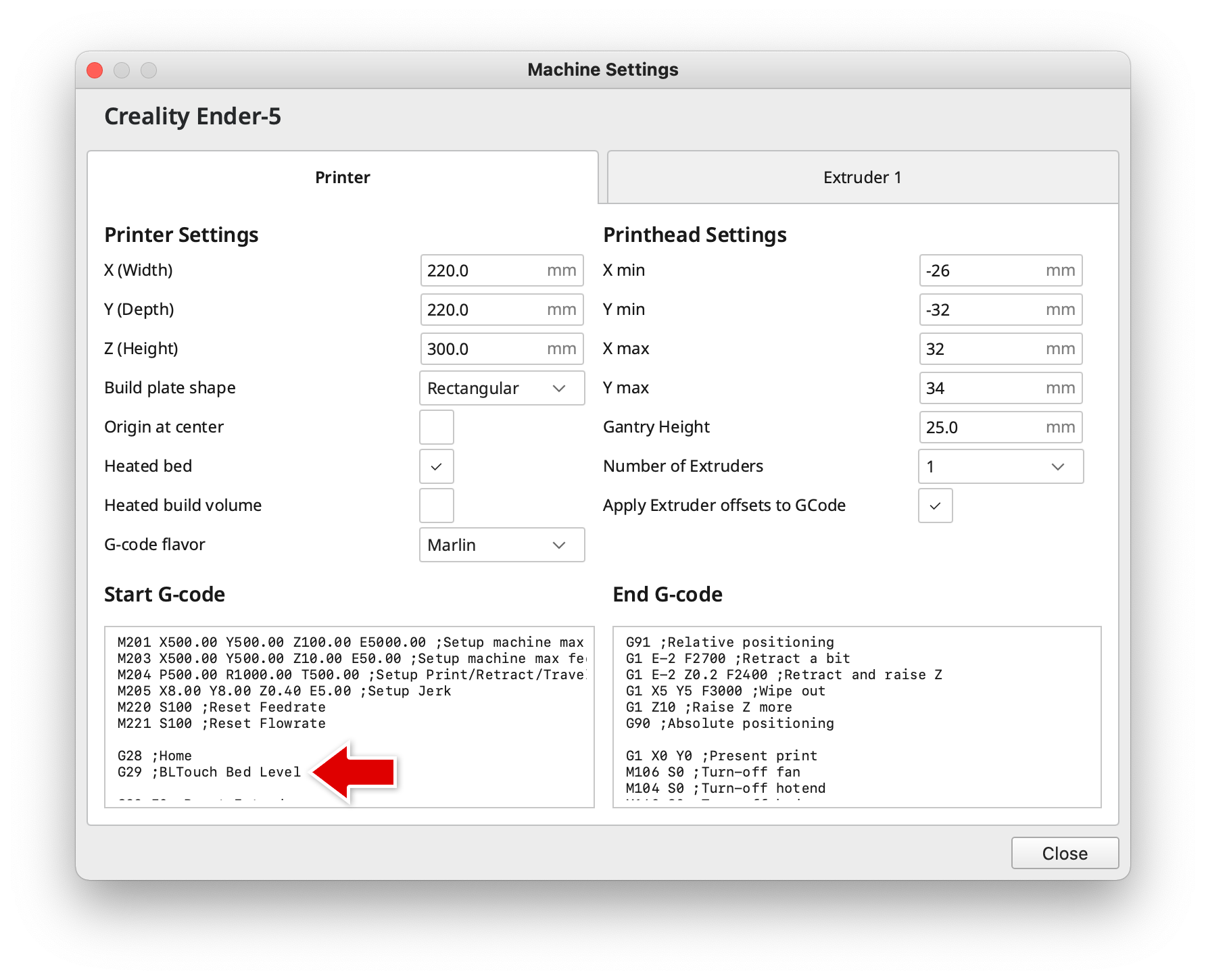 Screenshot of Cura Machine Settings for BLTouch